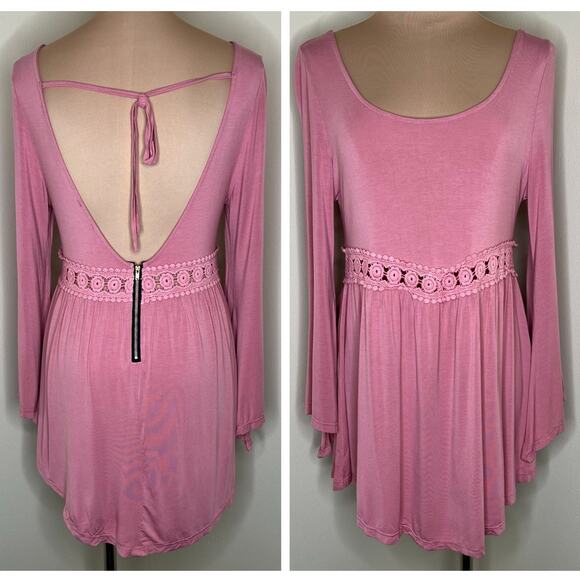 POL Swing Top Womens Size Small Pink Bell Sleeve Fairy Open Back Boho Crochet - Picture 1 of 10